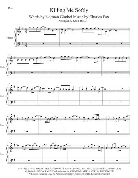 Killing Me Softly With His Song Piano Original Key Sheet Music