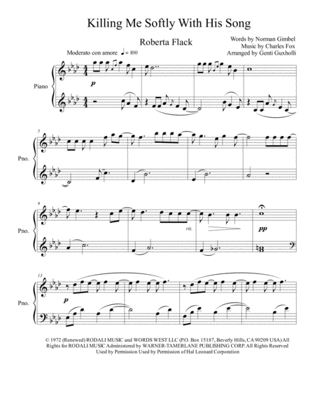 Killing Me Softly With His Song Piano Solo Sheet Music