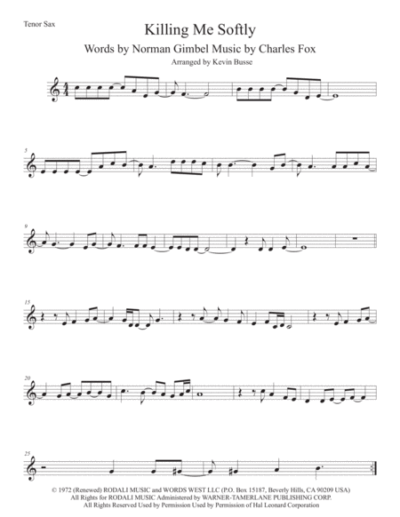 Free Sheet Music Killing Me Softly With His Song Tenor Sax Easy Key Of C