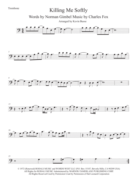 Killing Me Softly With His Song Trombone Easy Key Of C Sheet Music