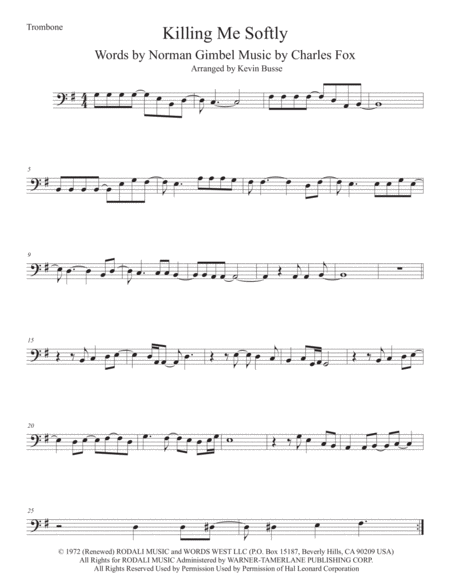 Killing Me Softly With His Song Trombone Original Key Sheet Music