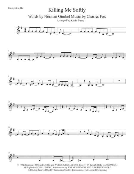 Killing Me Softly With His Song Trumpet Sheet Music