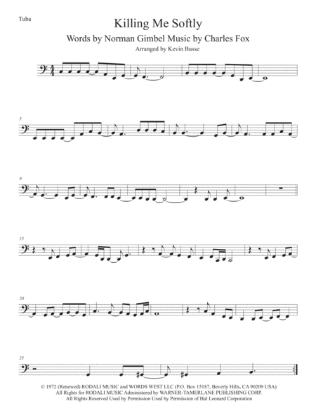 Free Sheet Music Killing Me Softly With His Song Tuba Easy Key Of C