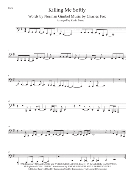 Free Sheet Music Killing Me Softly With His Song Tuba Original Key