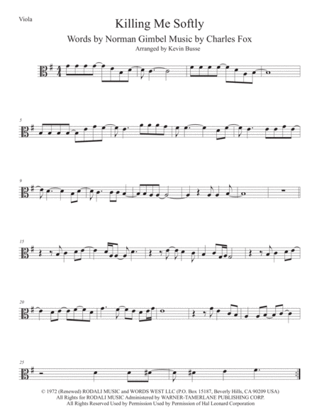 Free Sheet Music Killing Me Softly With His Song Viola Original Key