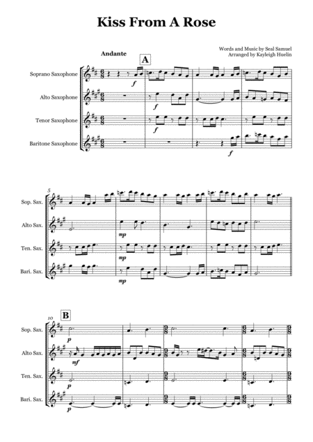 Kiss From A Rose By Seal Saxophone Quartet Satb Sheet Music