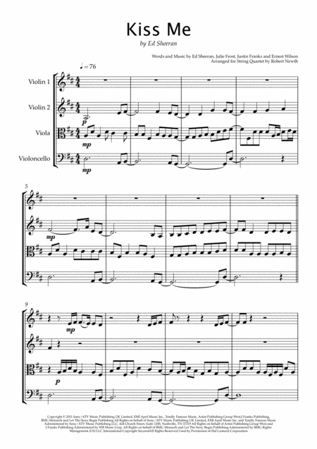 Kiss Me For String Quartet Sheet Music