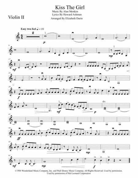 Kiss The Girl Violin 2 Part Sheet Music