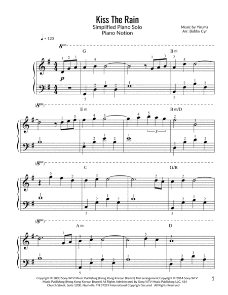 Kiss The Rain Yiruma Simplified Piano Solo Sheet Music