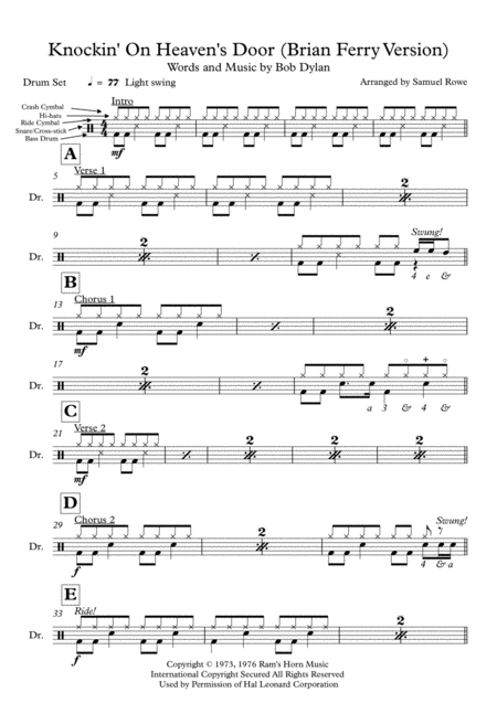 Knockin On Heavens Door Drums Sheet Music