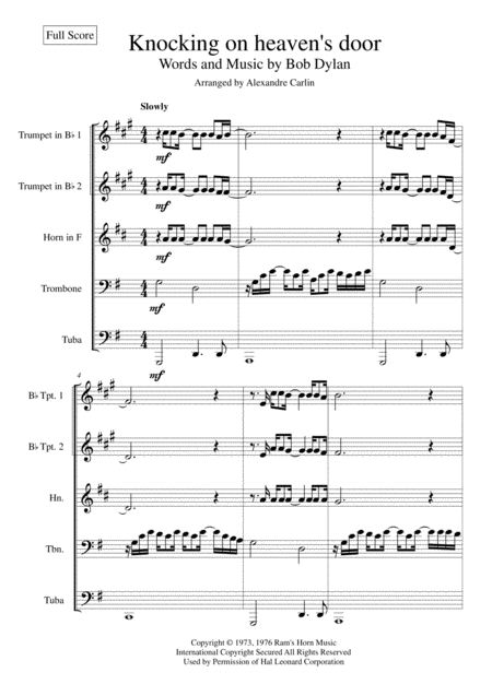 Free Sheet Music Knockin On Heavens Door For Brass Quintet