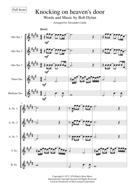 Knockin On Heavens Door For Saxophone Ensemble Sheet Music