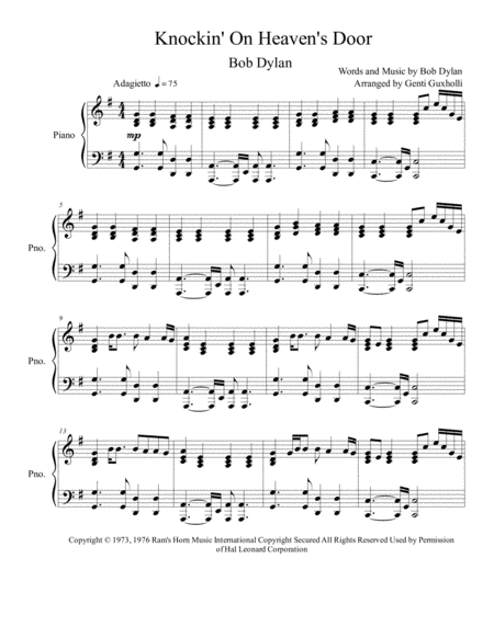 Knockin On Heavens Door Piano Solo Sheet Music