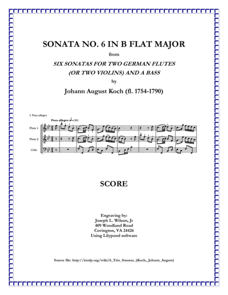 Koch Trio Sonata No 6 In B Flat Major For Two German Flutes Or Two Violins And A Bass Sheet Music