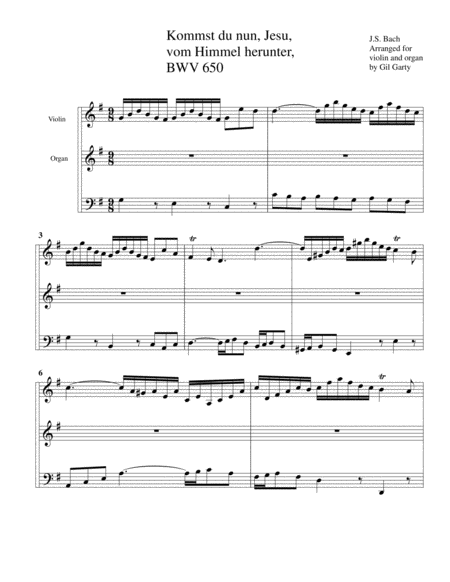 Kommst Du Nun Jesu Vom Himmel Herunter Bwv 650 Arrangement For Violin And Organ Or Harpsichord Sheet Music