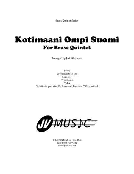 Kotimaani Ompi Suomi My Homeland Is Finland For Brass Quintet Sheet Music