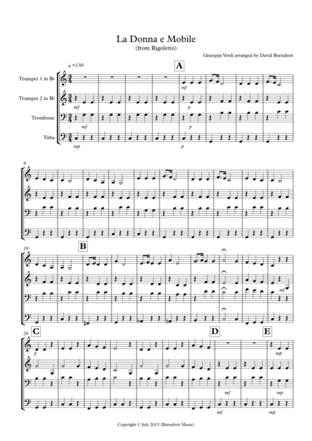 La Donna E Mobile From Rigoletto For Brass Quartet Sheet Music