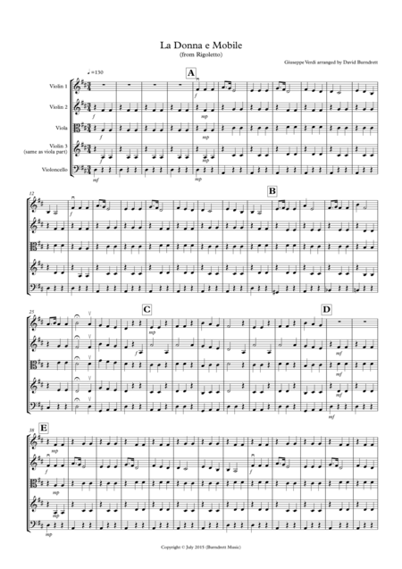 La Donna E Mobile From Rigoletto For String Quartet Sheet Music