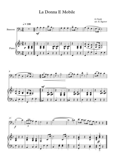 Free Sheet Music La Donna E Mobile Giuseppe Verdi For Bassoon Piano