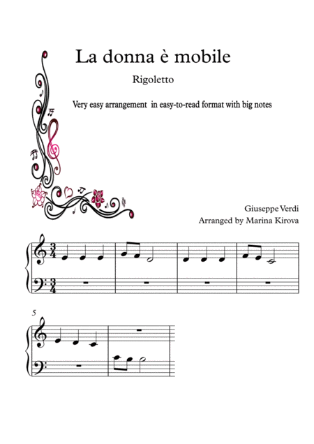 La Donna E Mobile Verdi Very Easy Piano In Easy To Read Format Sheet Music