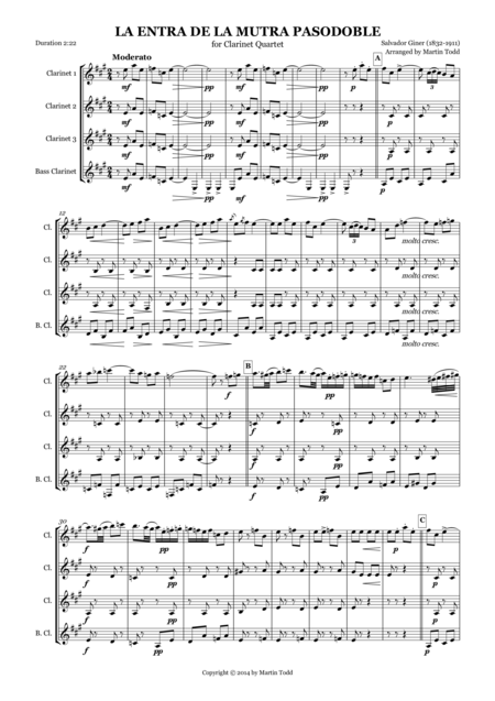 Free Sheet Music La Entra De La Mutra Pasodoble For Clarinet Quartet