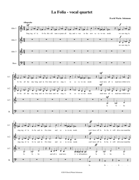 Free Sheet Music La Folia For Vocal Quartet 3 Altos And 1 Bass In Octatonic And Dorian Modes