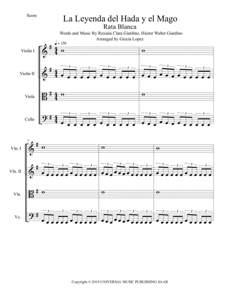 La Leyenda Del Hada Y El Mago Rata Blanca Strings Quartet Sheet Music