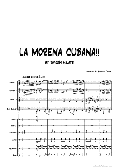 Free Sheet Music La Morena Cubana Clarinet Quartet With Latin Percussion