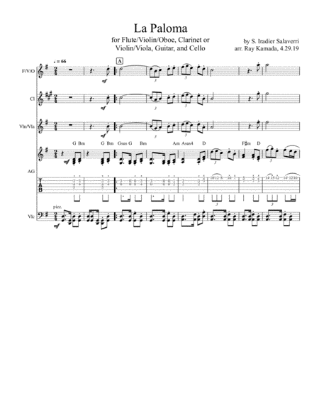 La Paloma For Flute Or Violin Or Oboe Clarinet Or Violin Or Viola Guitar And Cello Sheet Music