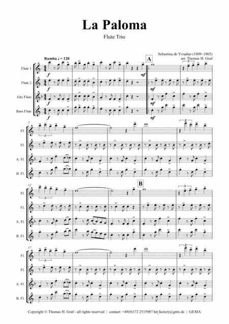 La Paloma Spanish Habanera Flute Trio Sheet Music