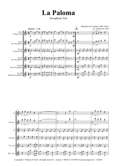 La Paloma Spanish Habanera Saxophone Trio Sheet Music