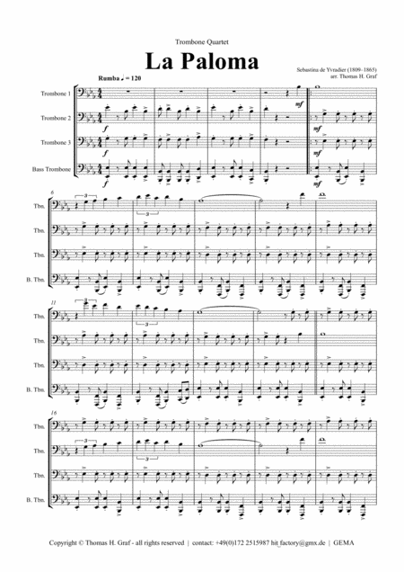 Free Sheet Music La Paloma Spanish Habanera Trombone Quartet