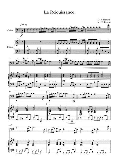 Free Sheet Music La Rejouissance George Frideric Handel For Cello Piano