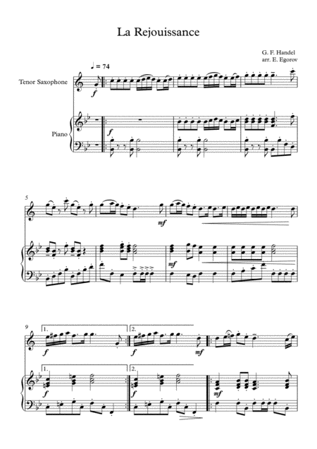 Free Sheet Music La Rejouissance George Frideric Handel For Tenor Saxophone Piano