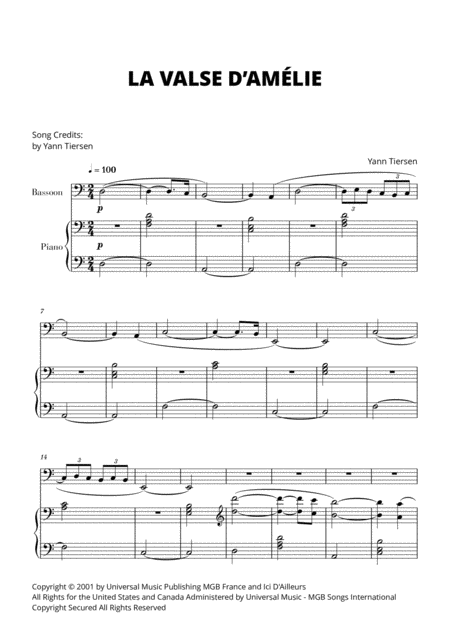 Free Sheet Music La Valse D Amlie For Bassoon And Piano Yann Tiersen