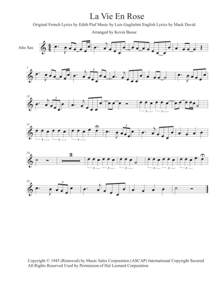 Free Sheet Music La Vie En Rose Easy Key Of C Alto Sax