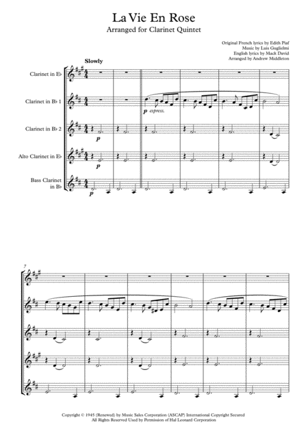 La Vie En Rose For Clarinet Quintet Sheet Music