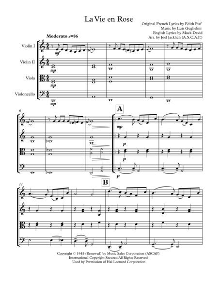 La Vie En Rose For String Quartet Sheet Music