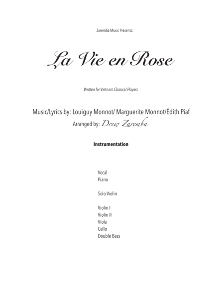 La Vie En Rose For Strings Piano And Female Vocal Arr Drew Zaremba Sheet Music