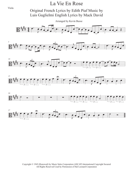 La Vie En Rose Original Key Viola Sheet Music