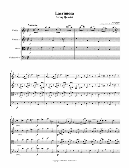 Lacrimosa From Mozarts Requiem String Quartet Sheet Music