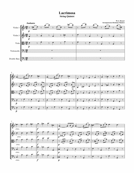 Lacrimosa From Mozarts Requiem String Quintet Sheet Music