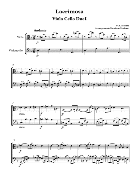 Lacrimosa From Mozarts Requiem Viola Cello Duet Sheet Music