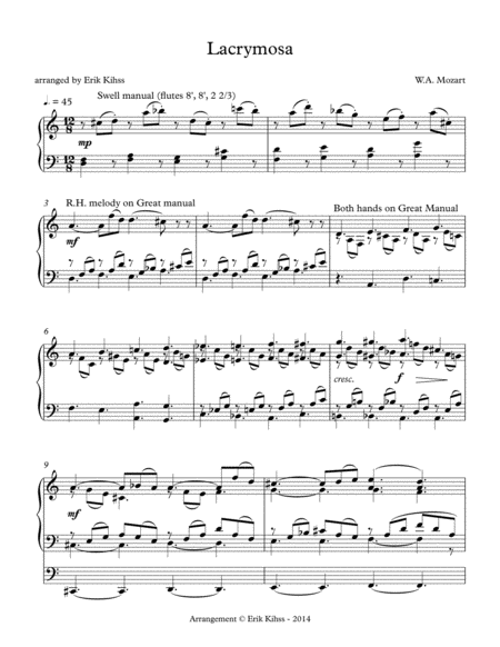 Lacrymosa Mozart A Simplified Arrangement For Organ By Erik Kihss Sheet Music