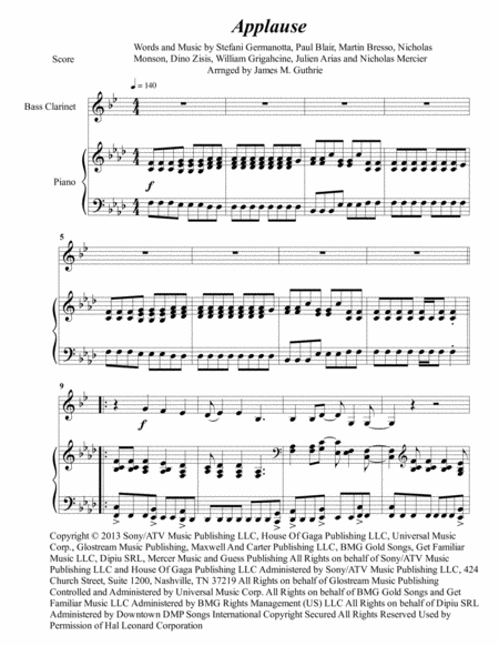 Lady Gaga Applause For Bass Clarinet Piano Sheet Music