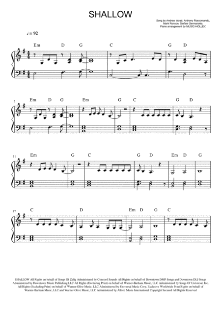 Free Sheet Music Lady Gaga Shallow Easy Piano Sheet With Fingering