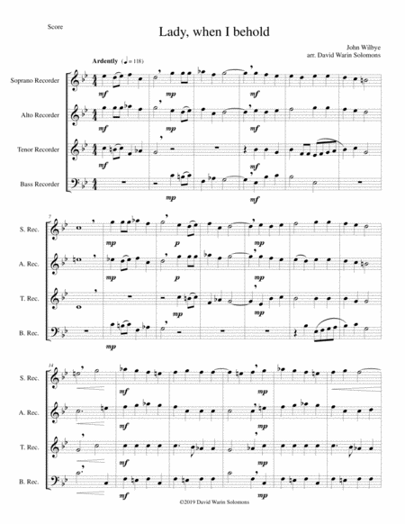 Lady When I Behold Arranged For Recorder Quartet Sheet Music