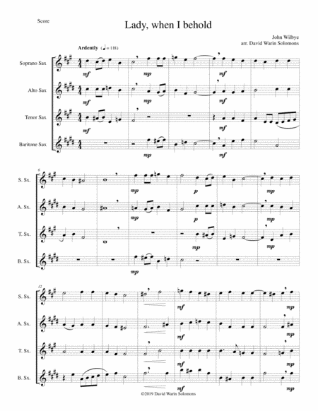 Lady When I Behold Arranged For Saxophone Quartet Sheet Music