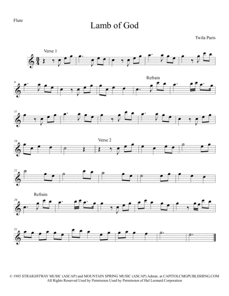 Free Sheet Music Lamb Of God Flute Solo