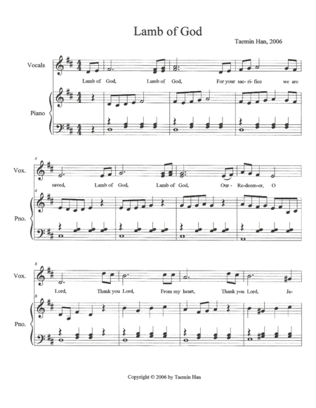 Lamb Of God For Childrens Choir Sheet Music